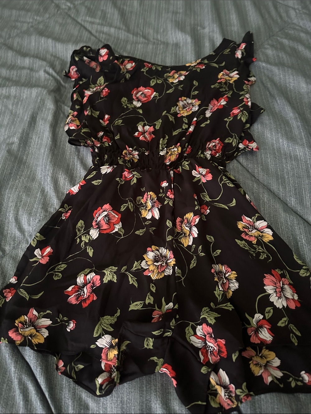 Sienna Sky Black Floral Ruffle Romper with Red & Yellow Blooms
